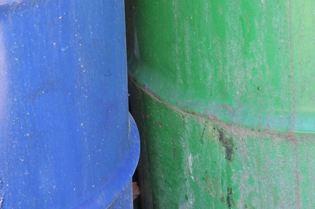 Blue meeting green. They’re painted pipes, and the subject is where the colors meet.